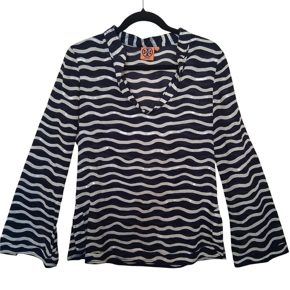 Tory Burch Navy Ivory Wavy Stripe Sequin Blouse Women's Size 6